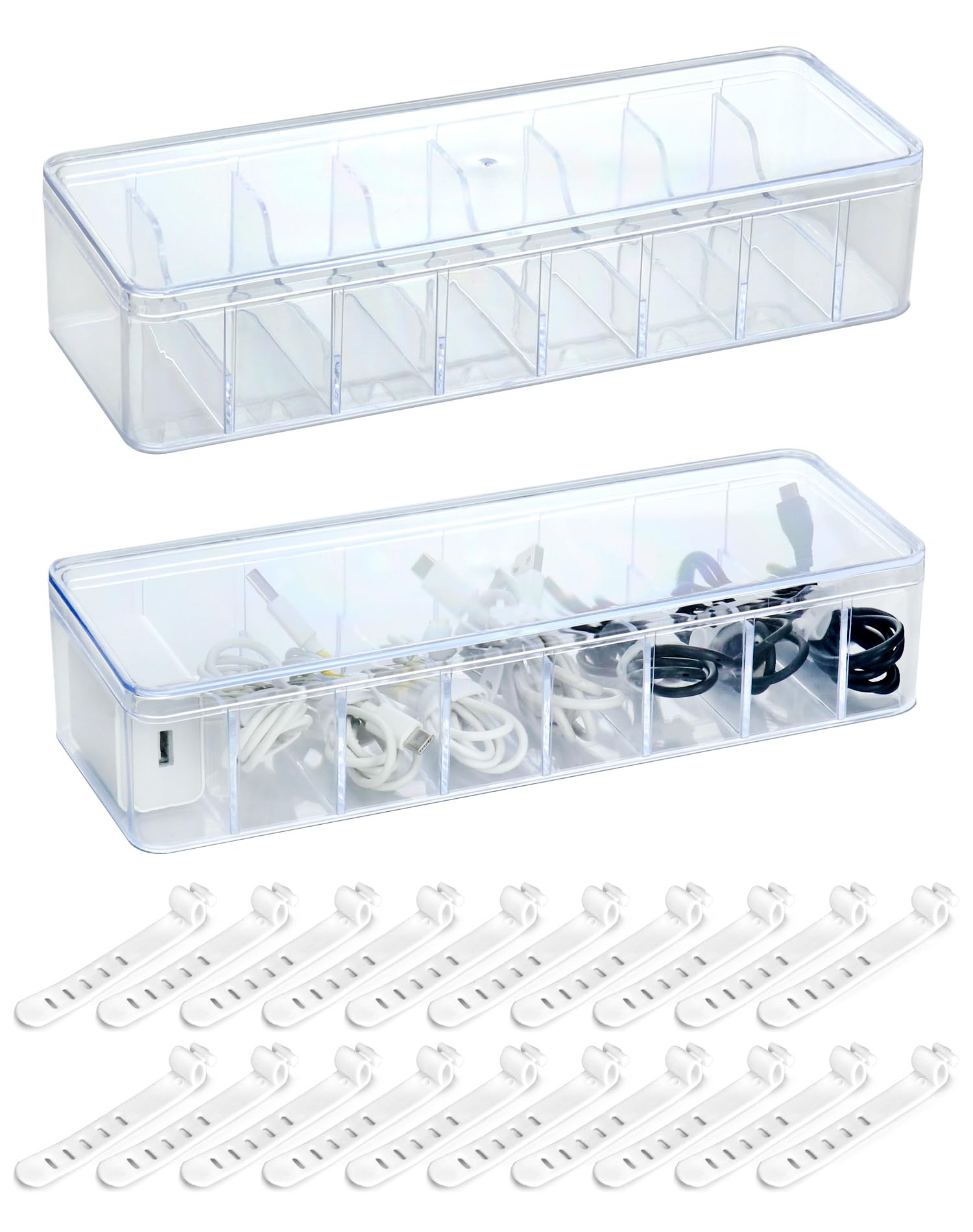 QWORK Clear Cable Organizer Box Set with Silicone Wire Ties (2-Pack) - Waterproof and Anti Dust - Versatile Storage Solution for Cords, Makeup Brushes, Jewelry