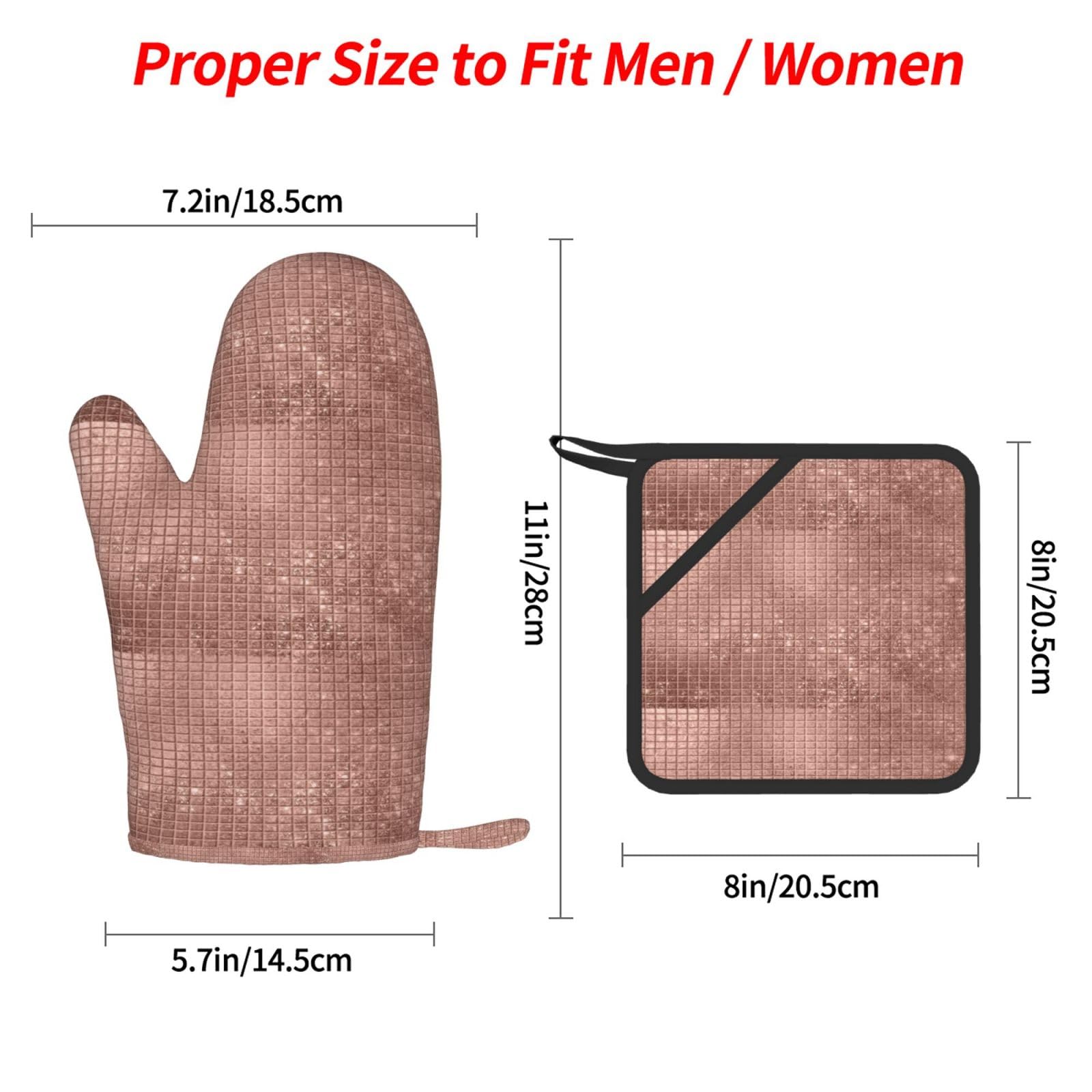 Juego de Cuatro Guantes y Manoplas Resistentes al Calor para Hornear, Guantes de Cocina Antideslizantes, Manoplas para Horno, Hermoso Brillo Oro Rosa Moderno.