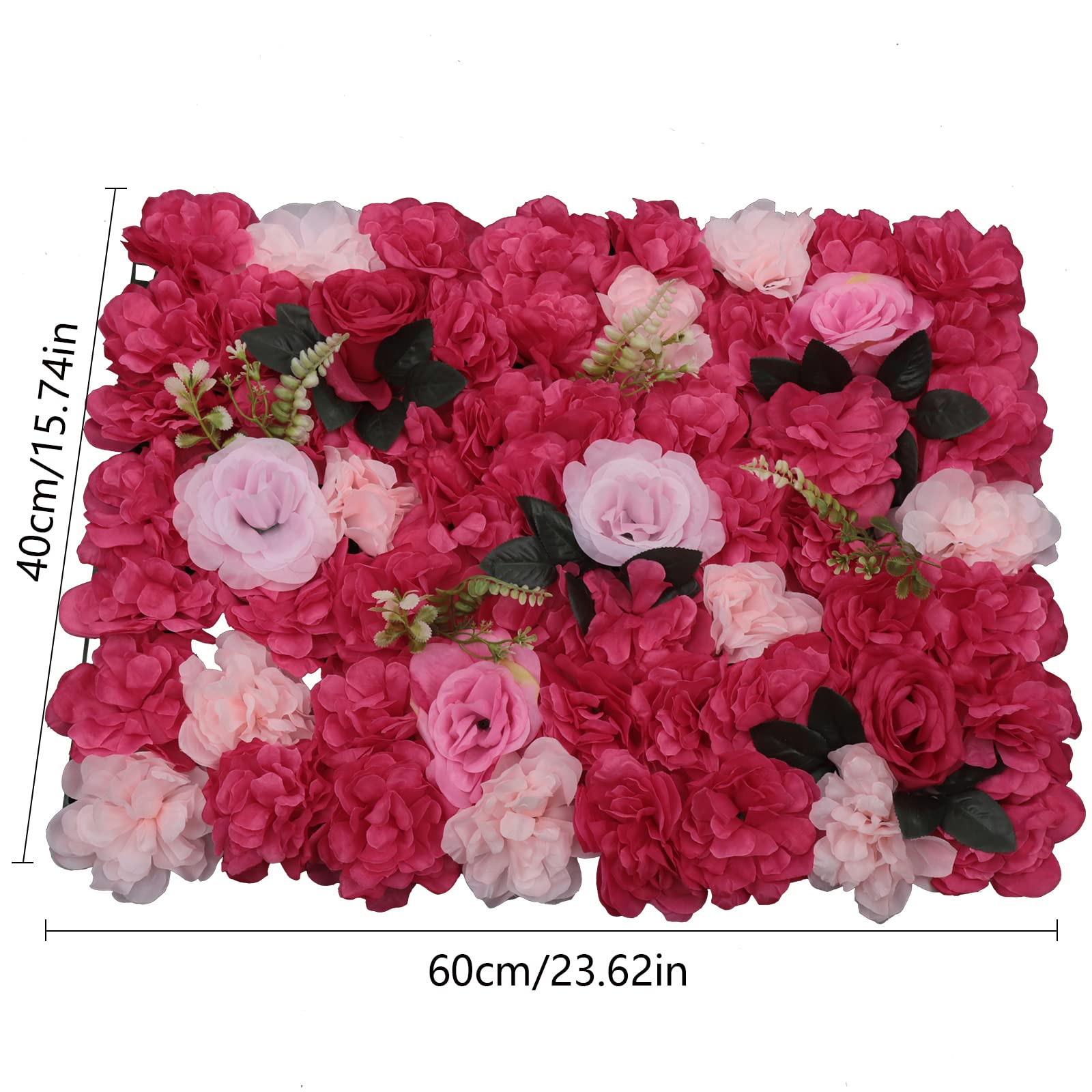 Blumenwand Wandpaneel 12 Stück Blumen Pflanze künstliche Blumenkulisse Rose Panel für DIY Hochzeit Party 60 * 40cm (Rosarot)