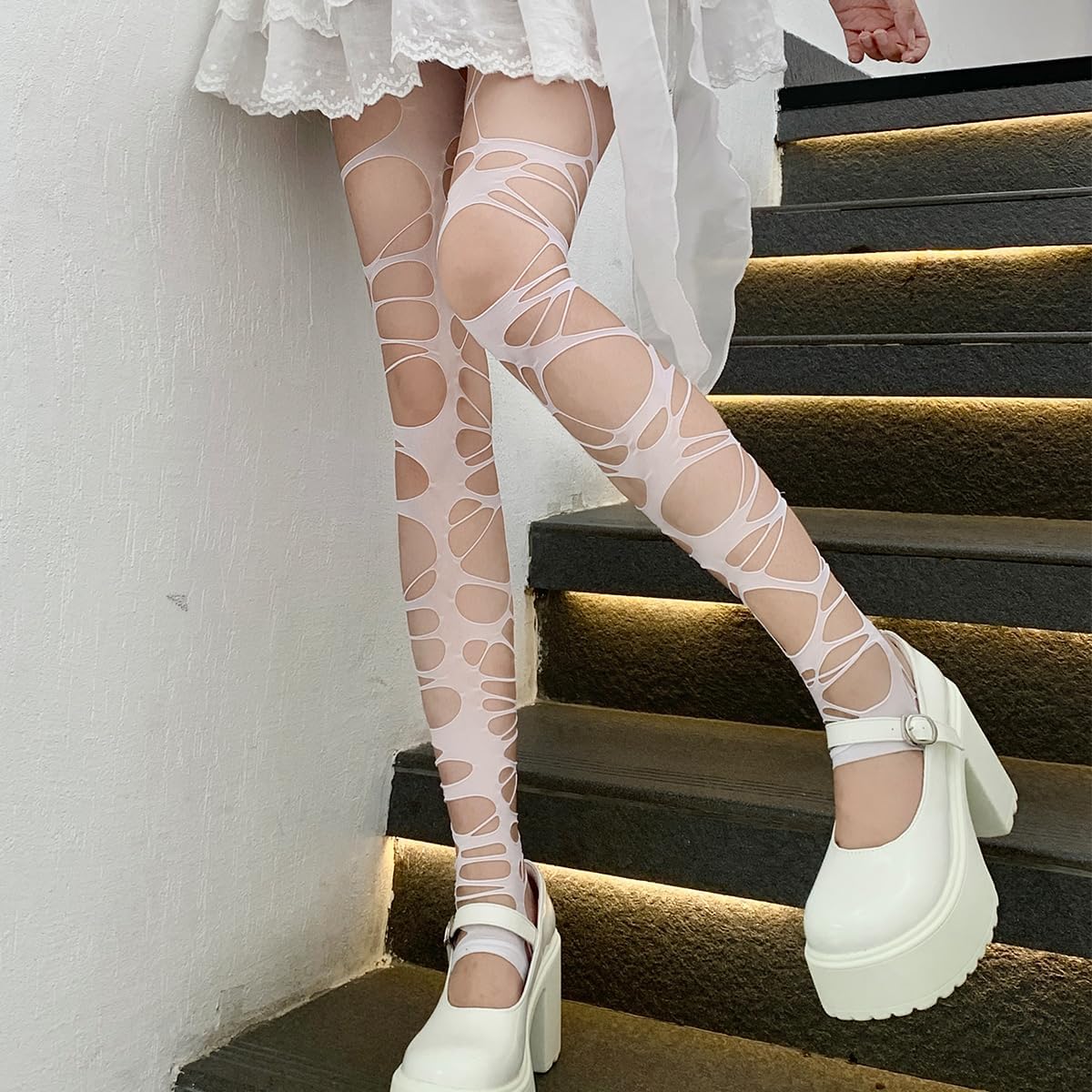 AUOCATTAIL Halloween Ripped Tights Women's Gothic Fishnet Stockings Irregular Torn Strap Hole Punk Ragged Pantyhose Hosiery