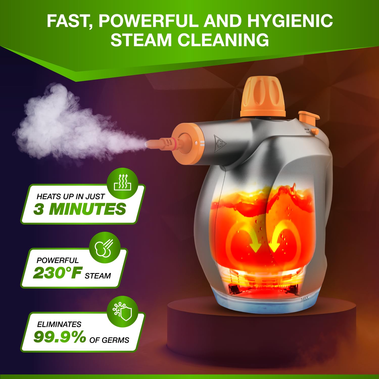 Gearwiz Pulitore a vapore portatile con contenitore detergente - Vapore multiuso ad alta pressione da 1250 W - Blocco vapore continuo, serbatoio grande, blocco di sicurezza - per casa, cucina, bagno