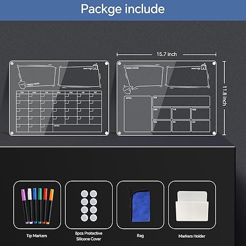Miniatura 7 de Calendario acrílico para nevera, 2 piezas de calendario magnético semanal y mensual para nevera, tablero planificador acrílico transparente