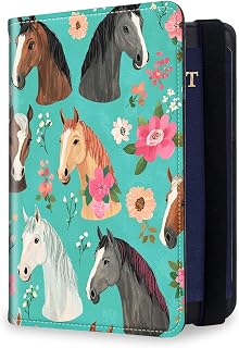 Passport Holder for Travel, RFID Blocking Passport Holder Travel Walle, Passport and Vaccine Card Holder, Vacation Must Haves Travel Accessories for Men Women, Horses in Teal with a Floral