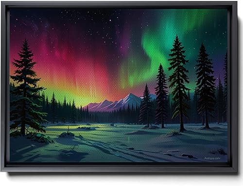 Aurora Borealis, Northern Lights Art, framed canvas print, snow capped mountain landscape art, synthwave vaporwave, Wall Art Living Room, Decor