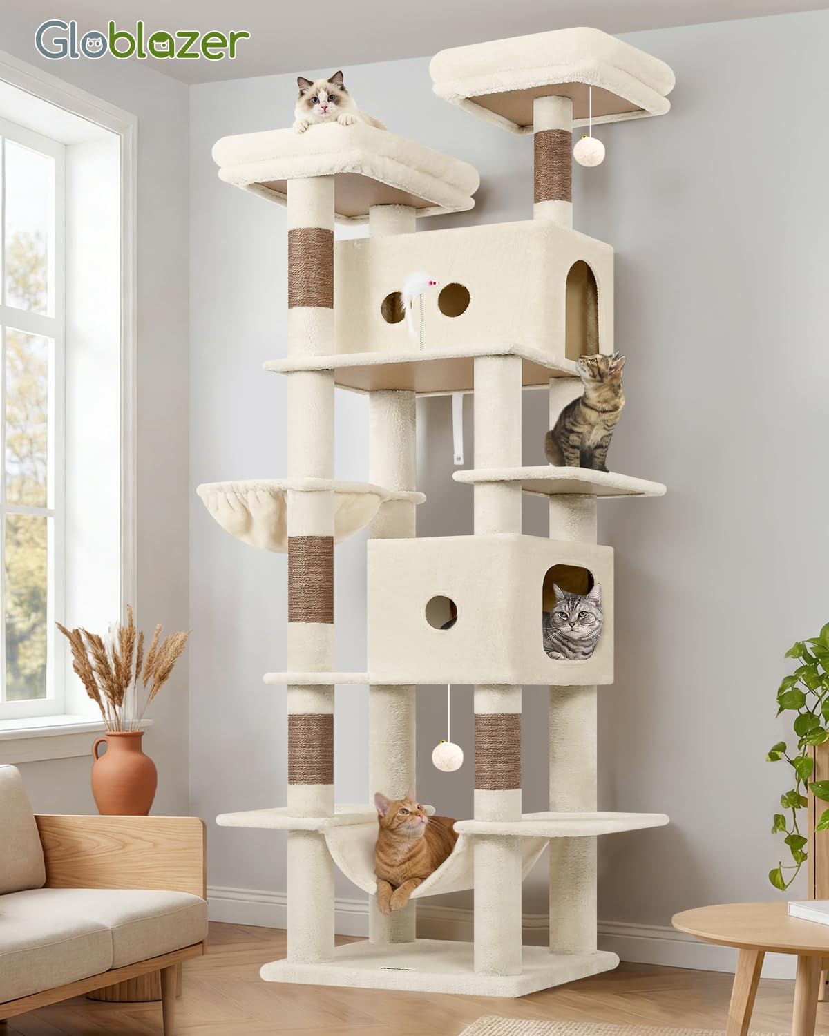 Globlazer Arbre à Chat Beige XXL 204 cm de Hauteur avec 2 Grand Niches 50*30*30CM, 2 Rembourré Plateforme, Doux Panier, Hamac, Peluche Jouets, Solide Arbres a Chat pour 3-5 Chats Adultes (S80B, Beige)