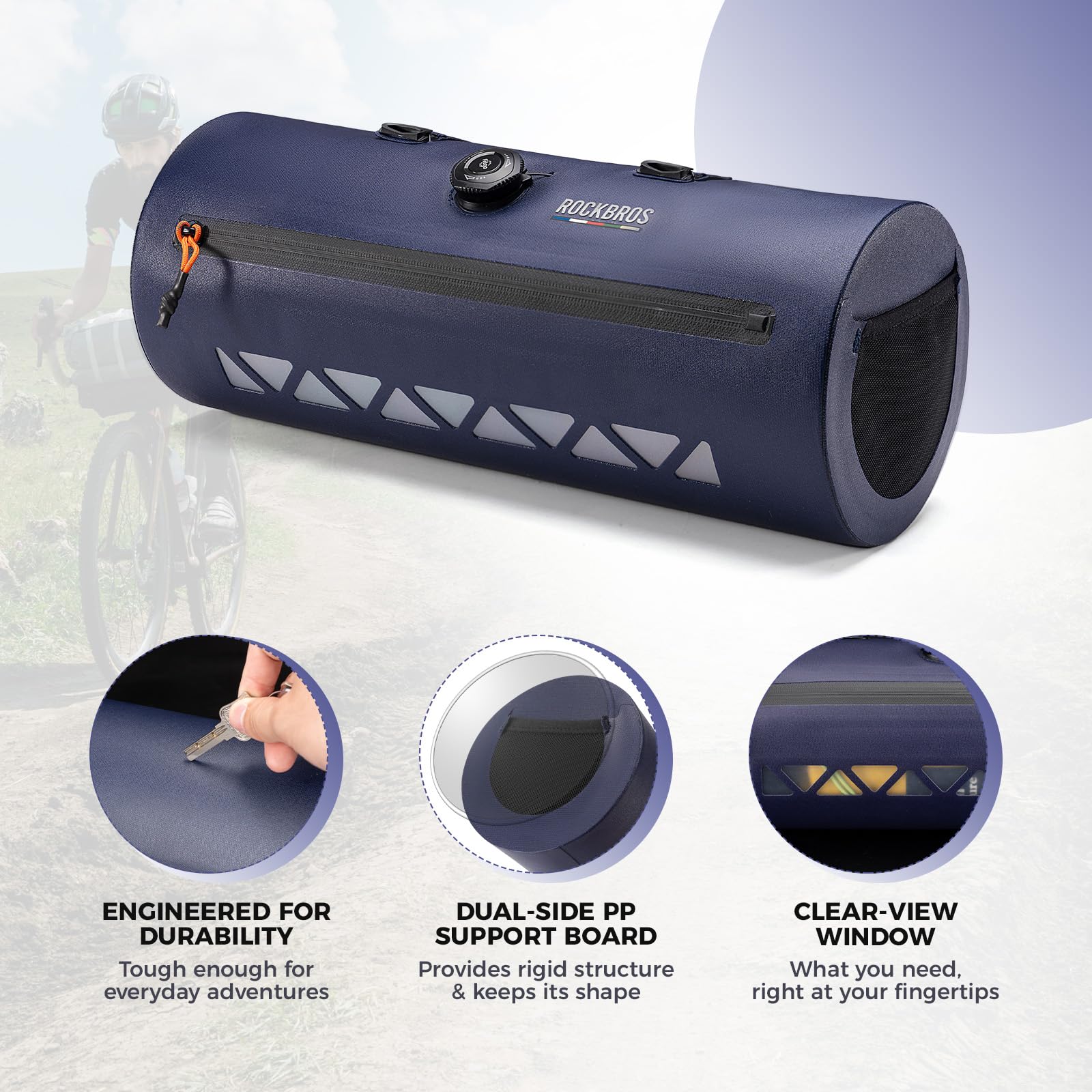 ROCKBROS Road to Sky Borsa Manubrio Bici Impermeabile, Borsa Anteriore a Rullo per Gravel, Grande Capacità 4L, Tasca Laterale in Rete, per MTB, Bici da Strada, Blu