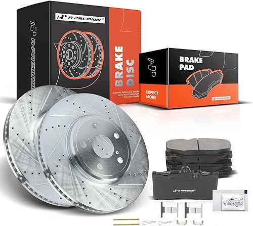A-Premium Juego de rotores de freno de disco perforados y ranurados delanteros + pastillas de cerámica compatible con modelos seleccionados de Lexus