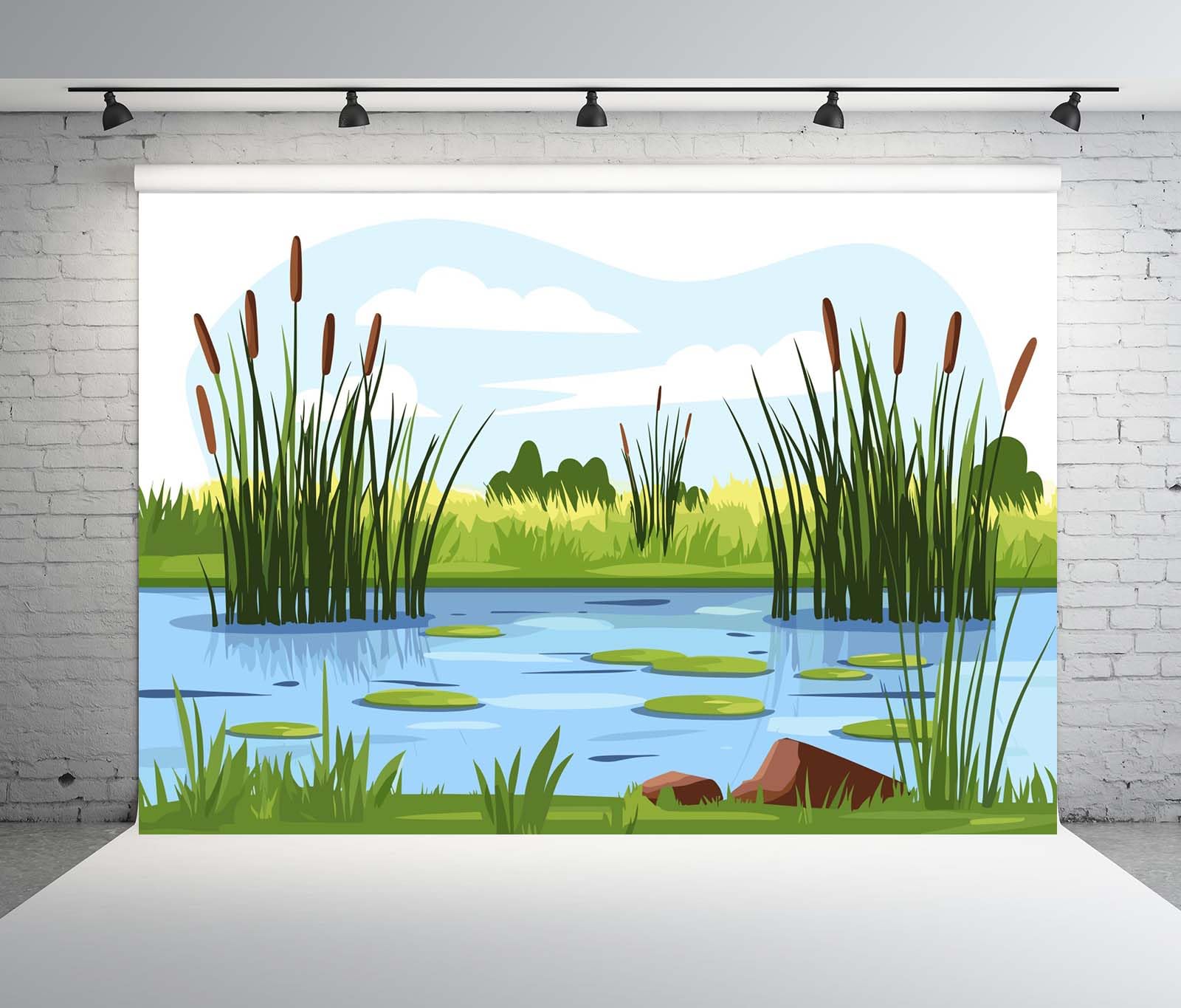BELECO 17x10ft Fabric Cartoon Lotus Pond Backdrop Swamp Landscape with Reed and Cattail Background for Themed Party Decorations Banner Photoshoot