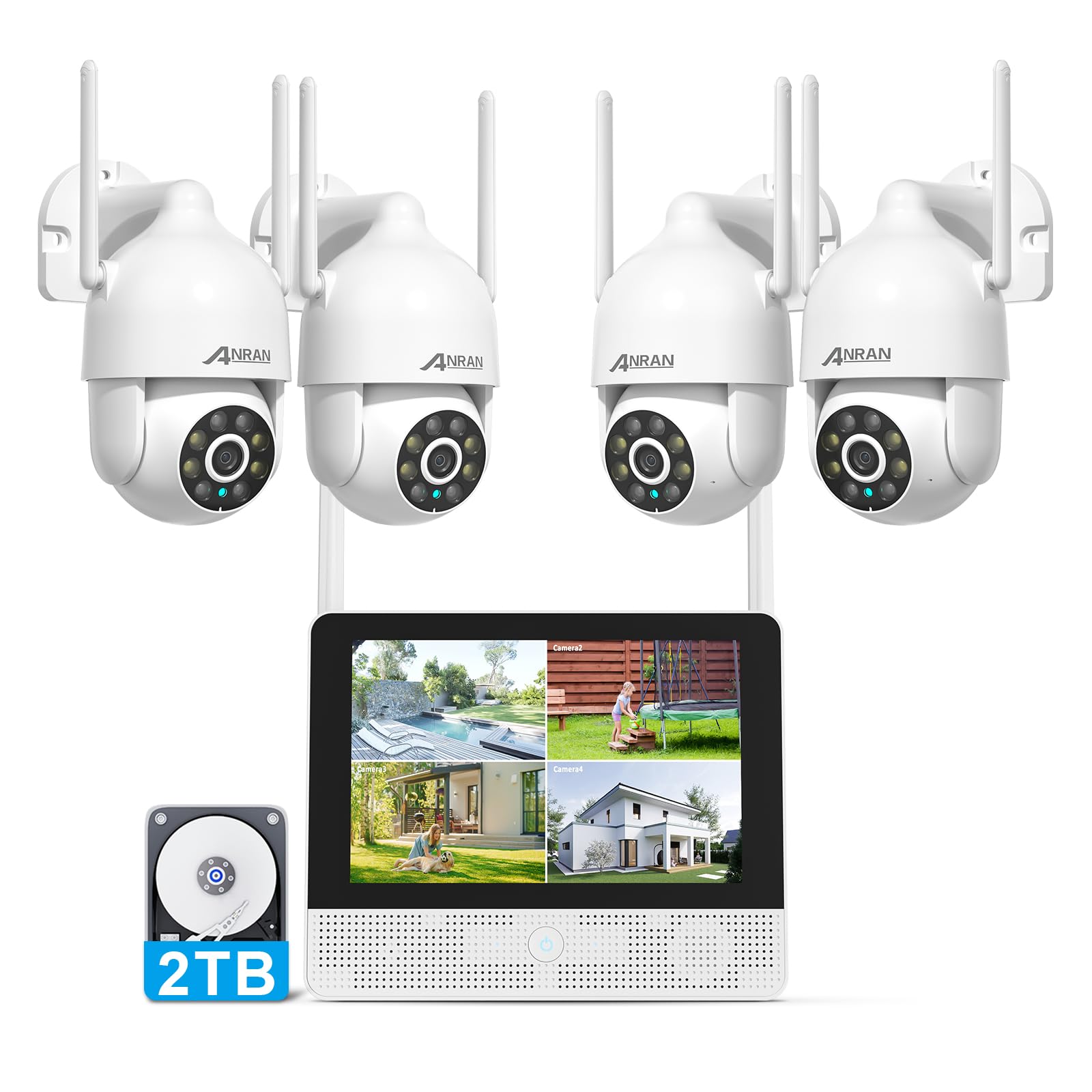 ANRAN [2025 Nueva] 3K Kit Camaras Vigilancia WiFi Exterior, 4X 5MP Sistema de Cámara Seguridad, 8CH 10.5'' NVR con HDD de 2TB, Grabación 24/7, Visión Nocturna, Audio de 2 vías, Seguimiento Automático