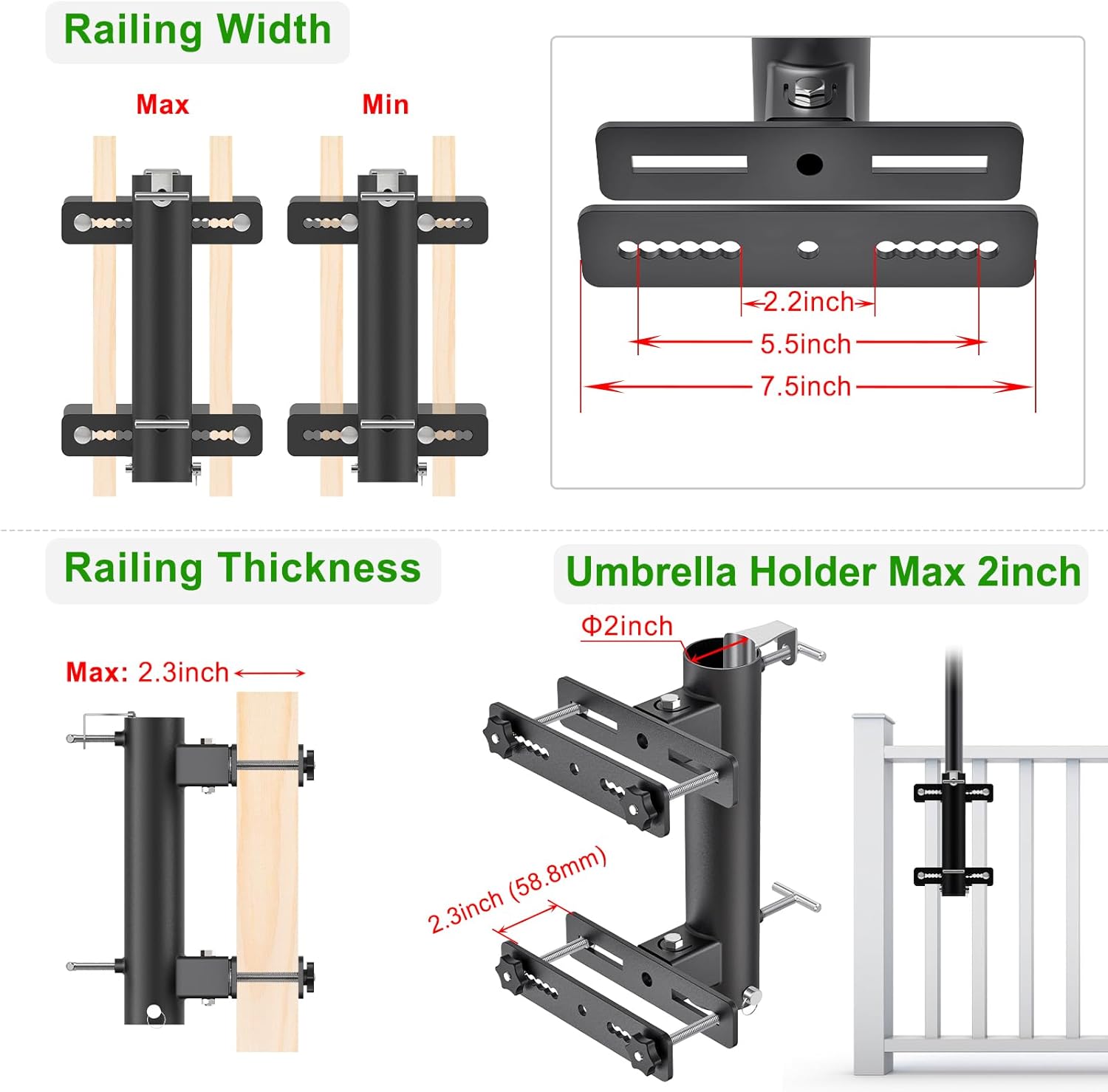 Heavy Duty Deck Railing Umbrella Holder, Adjustable Patio Umbrella Stand for 1-2 Inch Poles, Secure & Sturdy Railing Grille Mount, Maximizes Outdoor Space