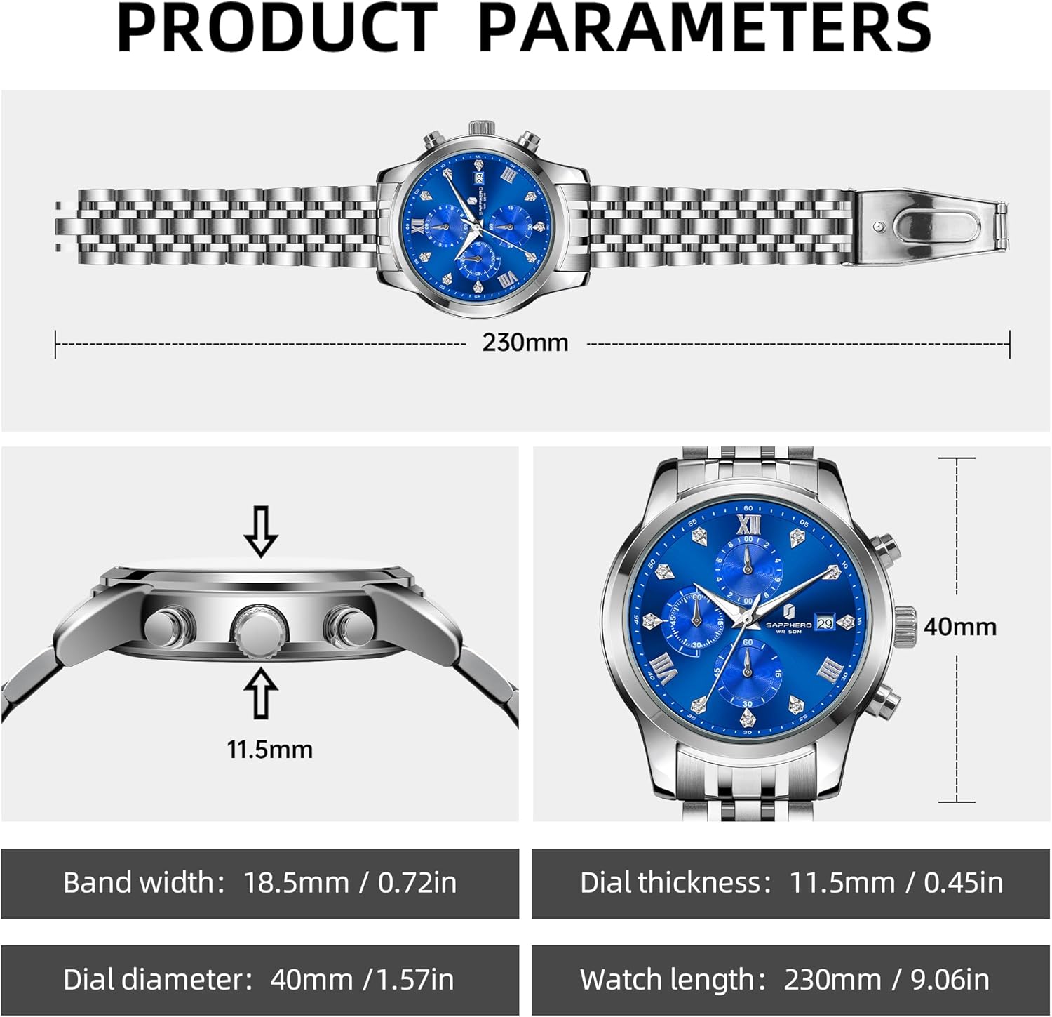 SAPPHERO Round Stainless Steel Watch for Men, 50M Waterproof Luminous Stylish Mens Gift Wristwatch with Date Display and Analog Quartz Design
