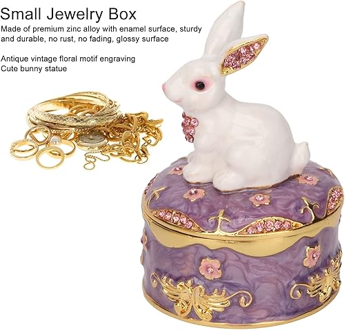 Vista 2 de Srliya Caja de baratijas de conejo esmaltada pintada a mano, organizador de joyas con bisagras para almacenamiento de aretes de mini anillos, adorno