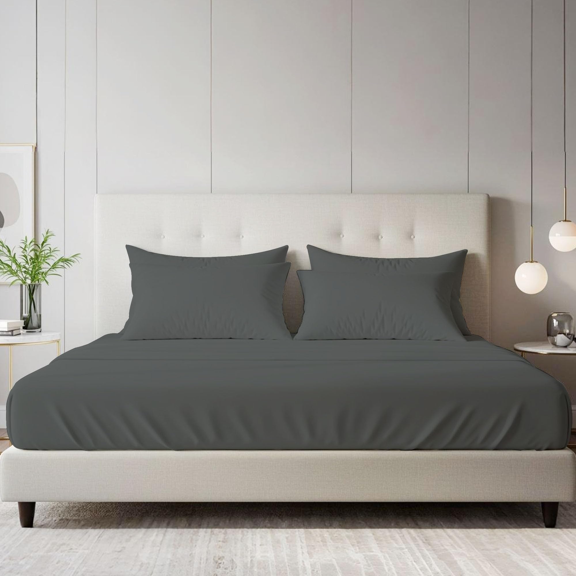 Bloombedding Grey 100% Egyptian Cotton 400Tc Single Fitted Sheet, 40Cm Deep Pocket