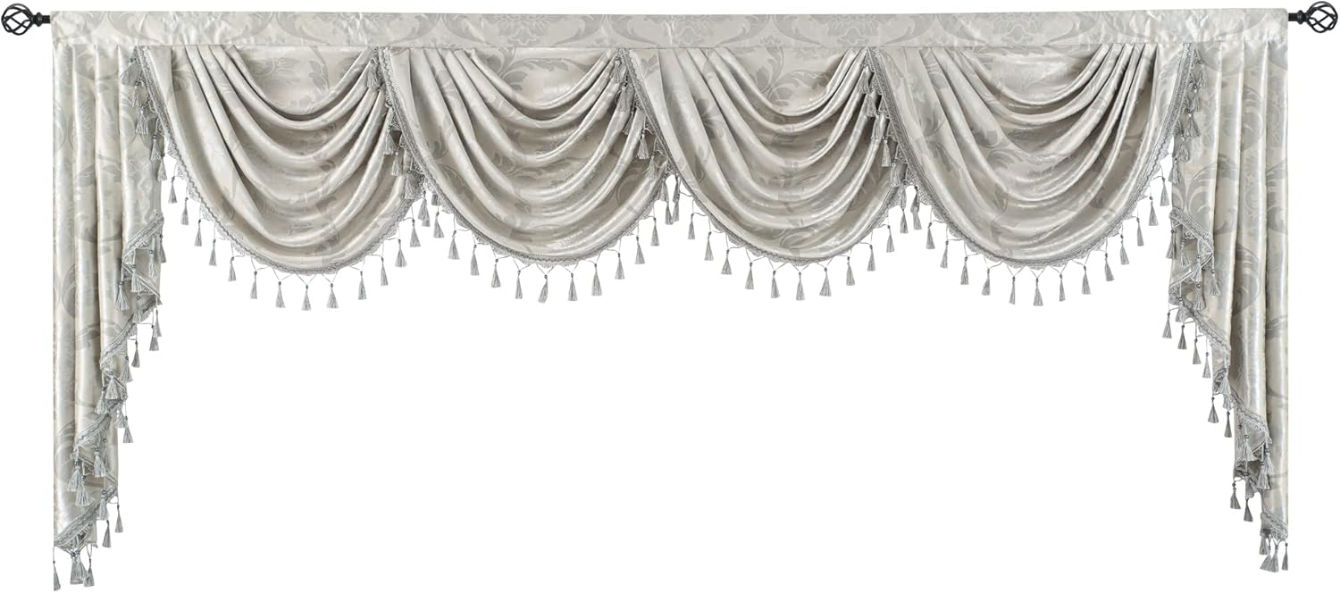 Jacquard Waterfall Valance for Windows with Luxury Tassels, Rod Pocket Swag Valance for Living Room/Bedroom/Banquet, Silver Grey European Style Valances for Windows, 1 Panel, Wide 110 Inch