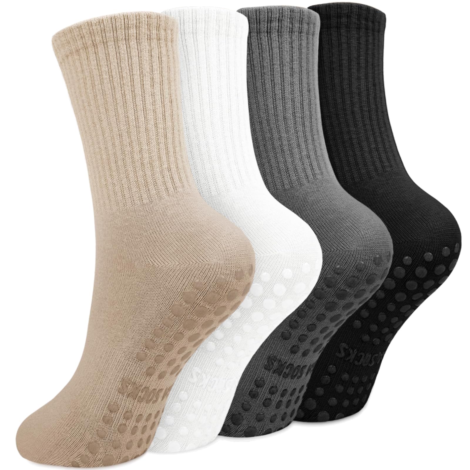 Yikki Lot de 4 Paires de Chaussettes Antidérapantes pour Femme, Idéales pour la danse, le fitness, la gym, le ballet, le trampoline, la maison et l'hôpital, taille unique