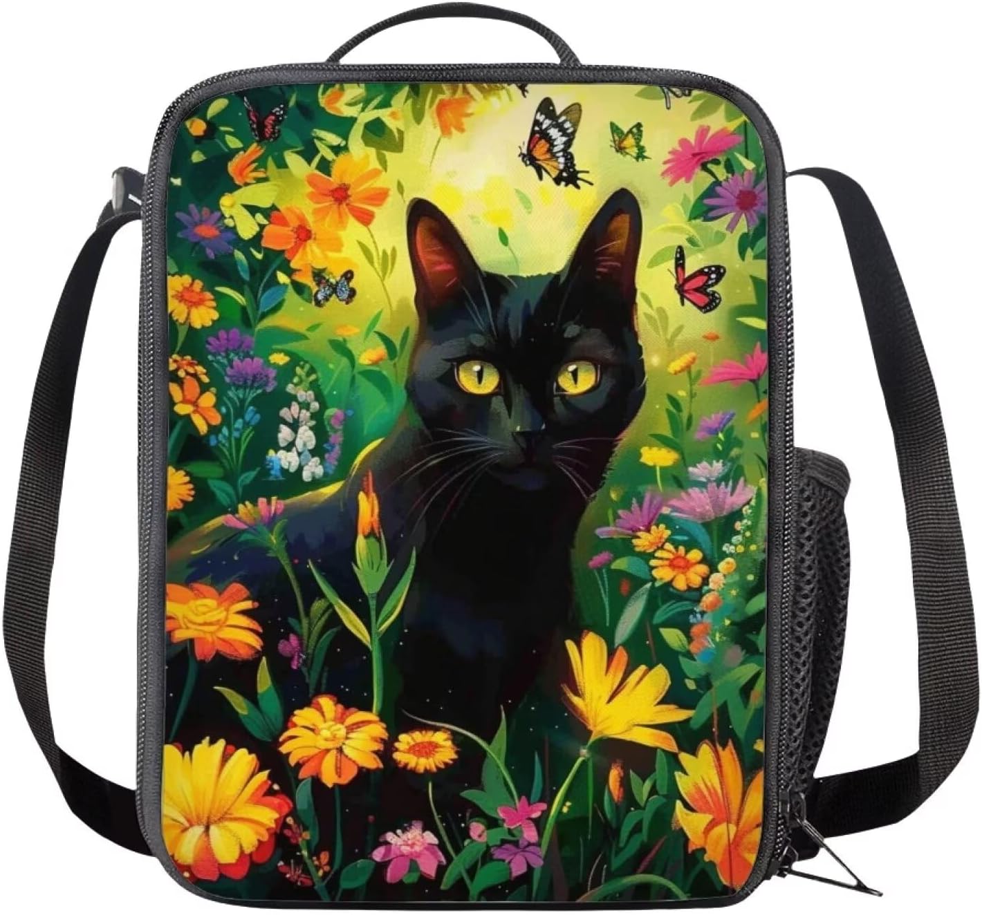 Black Cat Floral School Backpack for Girls 3pcs Backpack with Lunch Box and Pencil Case for Kids Children Teens Elementary Middle School Bags Set