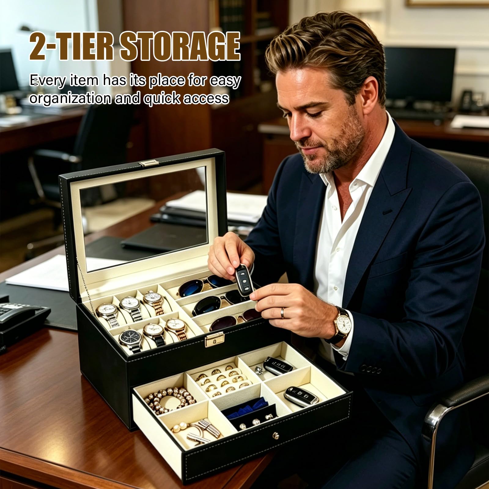 Boîte à Bijoux pour Montres, 6 Emplacements pour Montres et 3 Emplacements