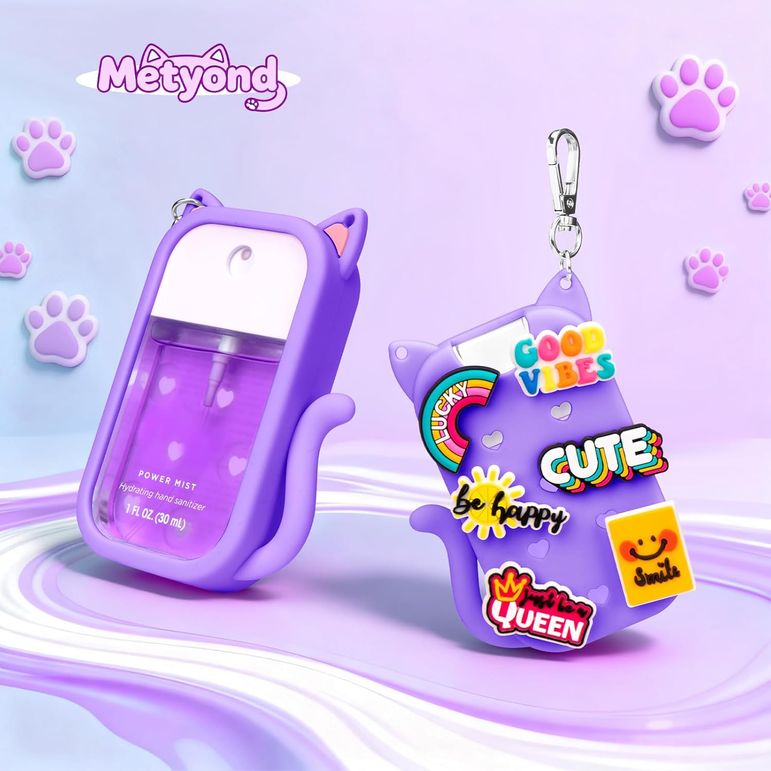Metyond Silicone Case Compatible with Touchland Hand Sanitizer Spray 1 FL OZ/30ML, Portable Cat-shaped Case with 6 Charms and Keychain, Cute Hand Sanitizer Spray Accessory (1PCS Purple) - Image 7