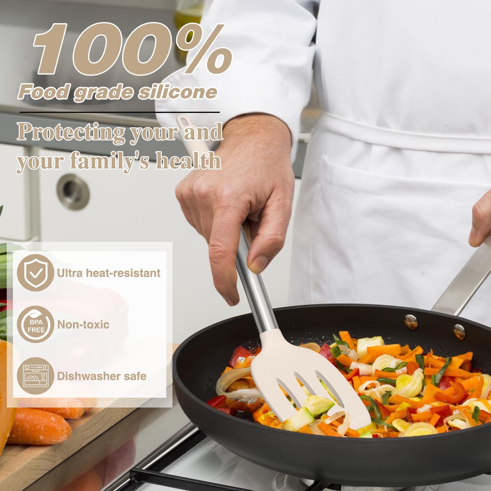 AIKKIL Set di utensili da cucina in silicone resistente al calore, spatole con supporto, set di 30 utensili da cucina kaki per pentole antiaderenti (senza BPA)