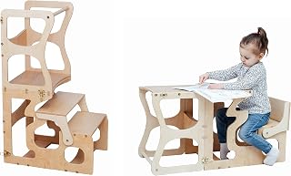 WoodandHearts Montessori Step Stool for toddlers - 2 in 1 Multifunctional Learning Tower - Kitchen Helper (with shapes cutouts)