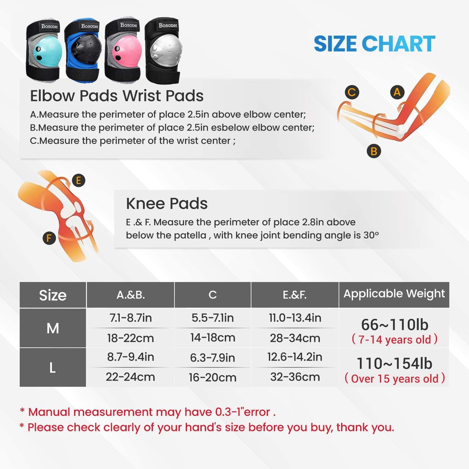 BOSONER Adult/Child Knee Pads Elbow Pads Guards Protective Gear Set for Cycling Bike Skateboarding Inline Roller Skating Bicycle Scooter, Wrist Guards Youth Kids Adults for Multi-Sports Outdoor : Sports & Outdoors