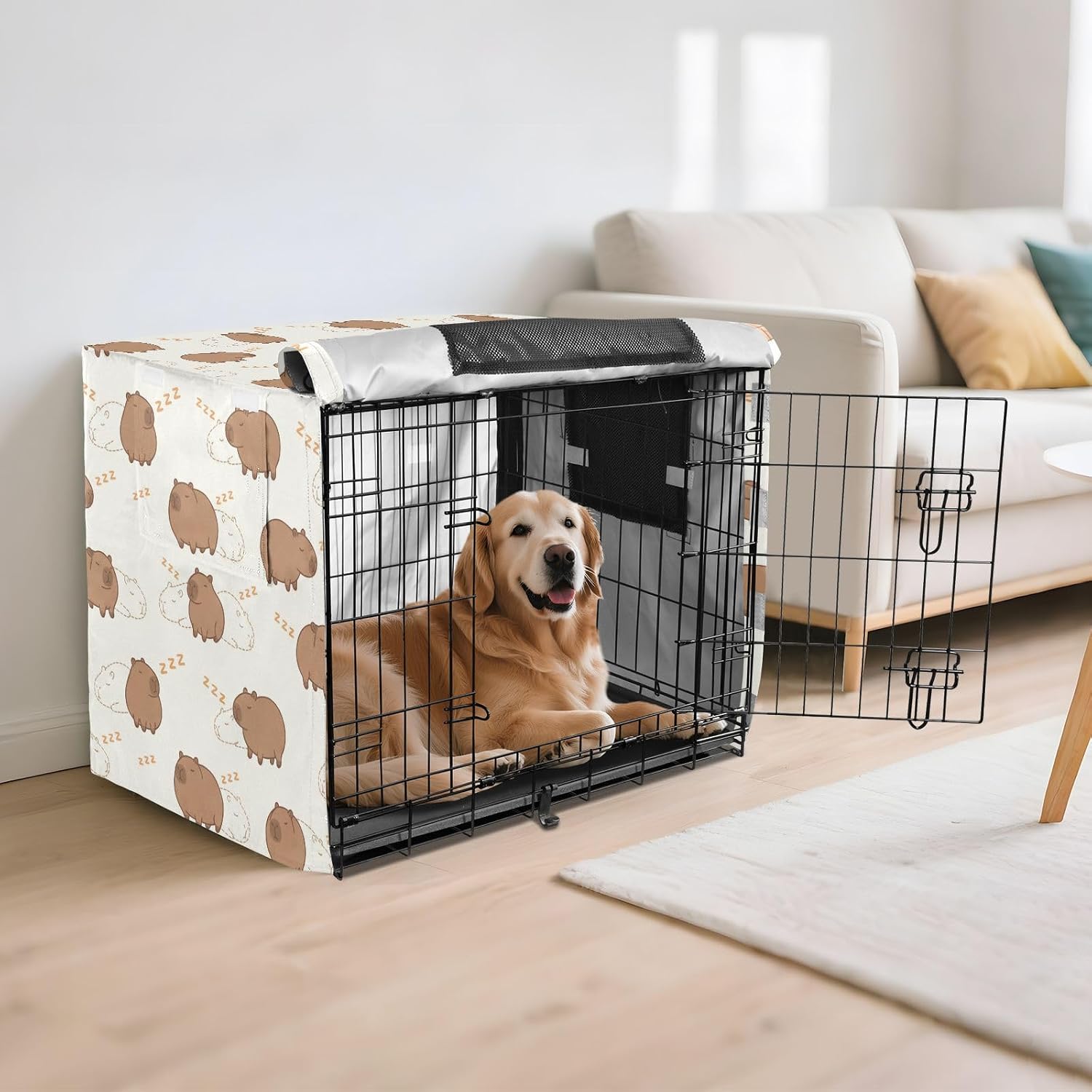 Duty 600D Silver Coated Dog Crate Cover, Water-Resistant Capybaras Print Pet Kennel Canopy with Mesh Windows for Optimal Ventilation, Universal Fit for Standard Wire Cage, Indoor & Travel