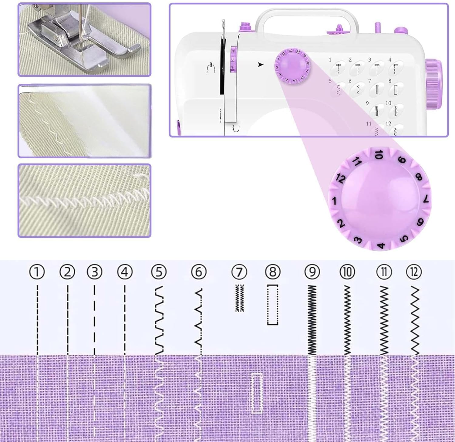 This lightweight Sewing machine is designed for convenience and versatility. Sewing Machine for Beginners,Portable 12 Built-in Stitches,(High-Low Speeds),505UJH.DC Power Supply Method.