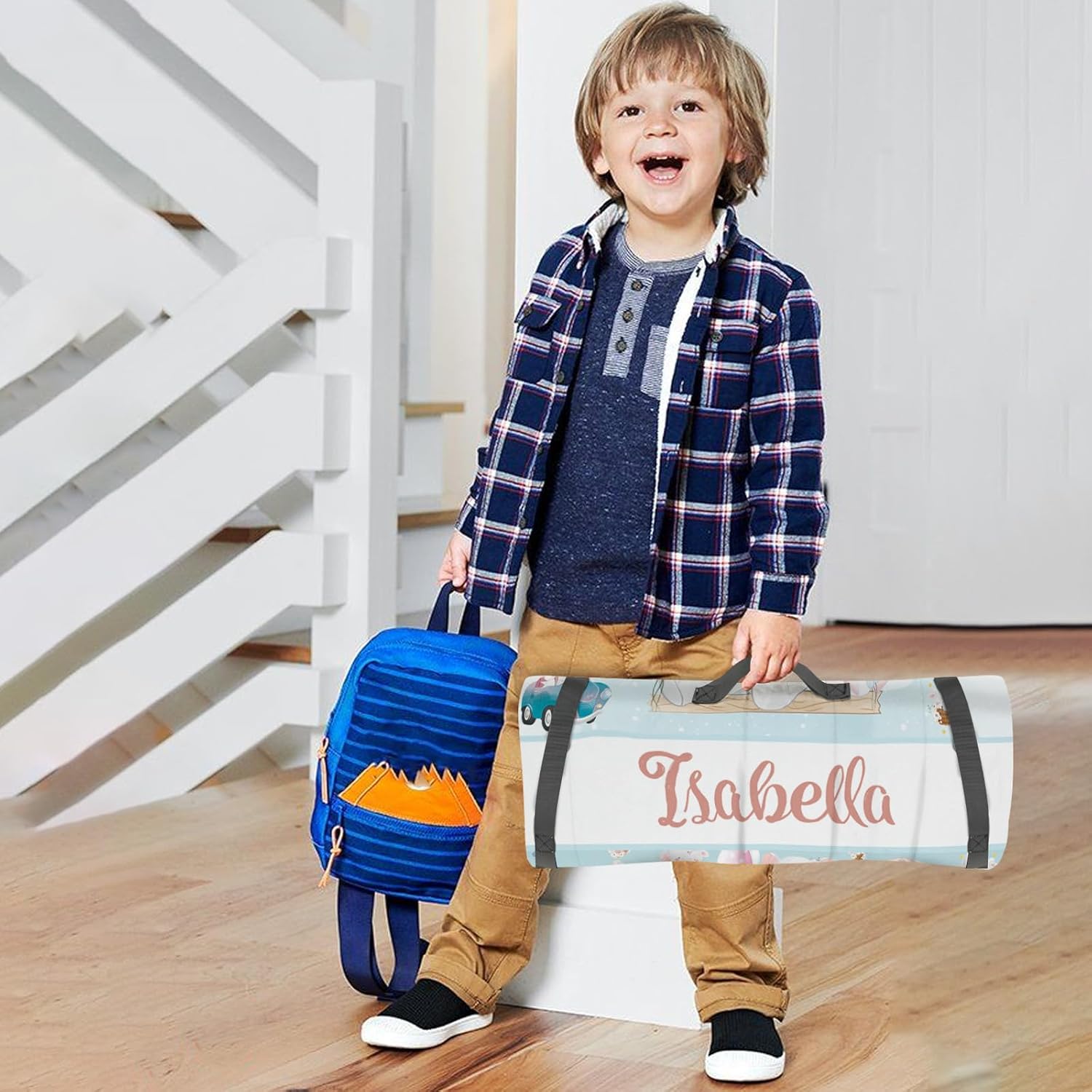 Custom Toddler Nap Mat for Preschool, Personalized Name Slumber Bags with Animals for Kids Daycare, Roll Up Sleeping Mats with Flannel Blanket & Removable Pillow for Boys Girls