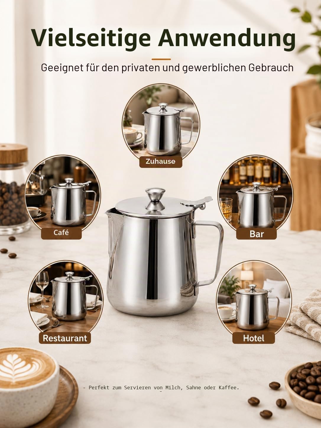 VOBOR Milch Pitcher,Edelstahl Kanne mit Deckel, Handheld Milchkännchen Edelstahl, Aufschäumbecher mit Anti Tropf Düsen und Griff Milchkanne für Espresso,Cappuccino,Latte,Barista (350ML)