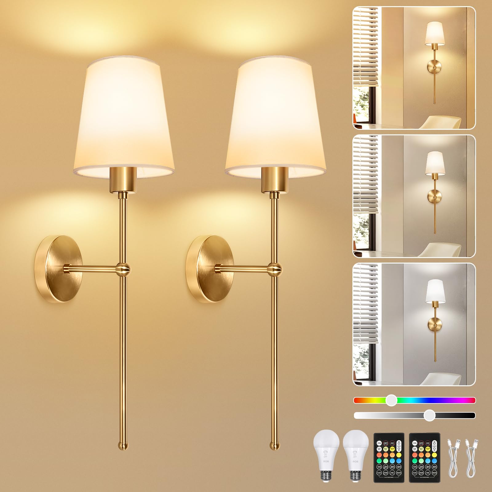 Dehobo Rechargeable Wall Sconces Set of 2, Battery-Operated Wall Lights Indoor, Dimmable Wireless Lamp with 3 Color TEM, 12 RGB Charging Bulbs and Remote, Gold for Bedroom Living Room Hallway