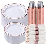 Goodluck 350 Piece Rose Gold Plastic Dinnerware Set for 50 Guests, Fancy Disposable Plates for Party, Include: 50 Dinner Plates, 50 Dessert Plates, 50 Pre Rolled Napkins with Silverware, 50 Cups