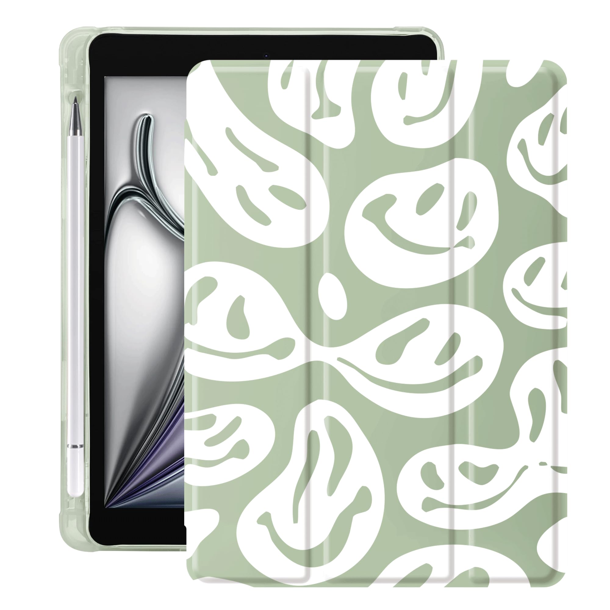 Idocolors Cute Ghost Face Green Pad Case for iPad 5th/6th Generation Funny Anti-Scratch Lightweight with Pencil Holder Trifold Stand Case Soft TPU
