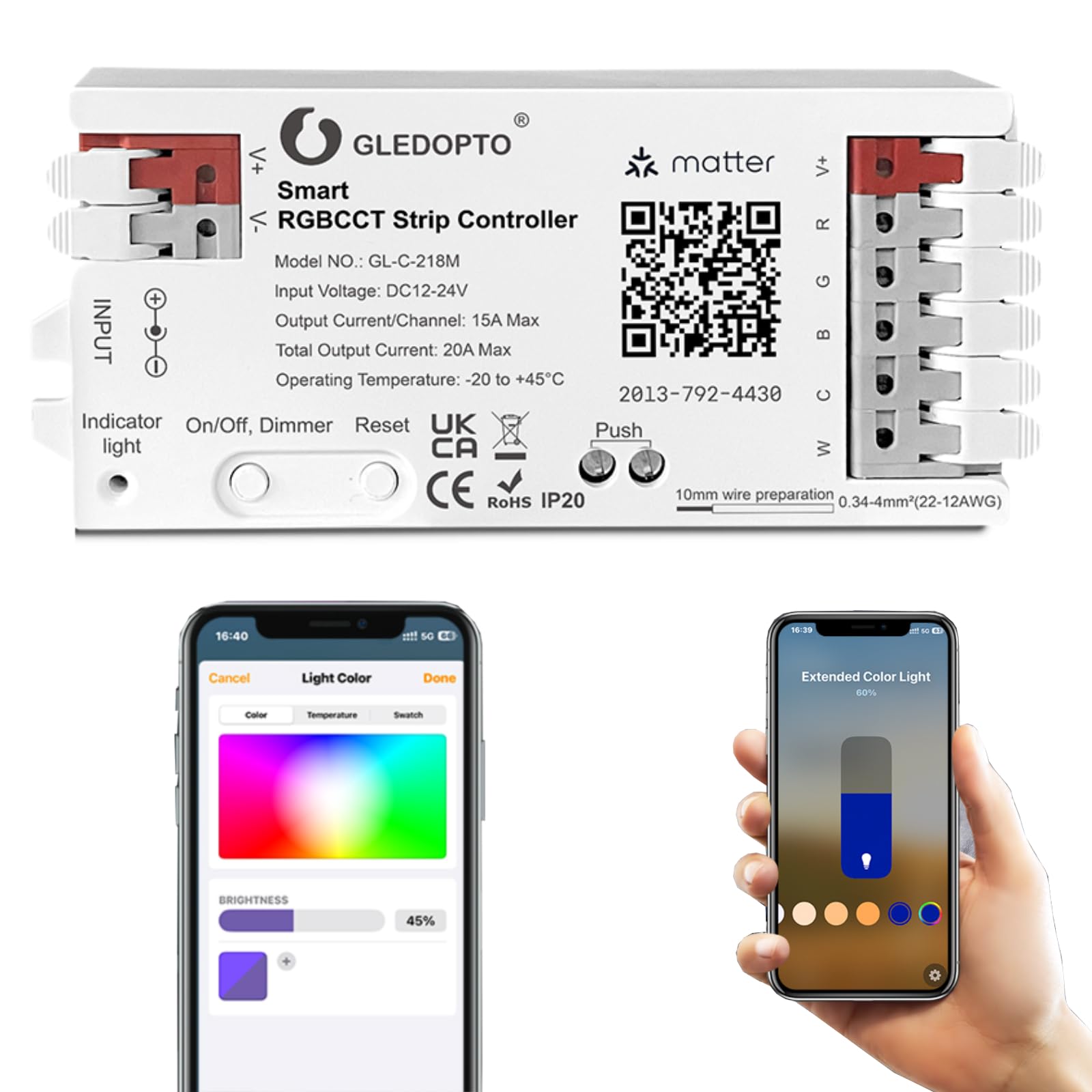 GLEDOPTO Matter RGBCCT LED Strip Controller 20A Max for PWM Analog LED Strip Light APP Voice Control RGBW RGB Dimmable Work with Homekit Google Echo Alexa (Matter 218M)