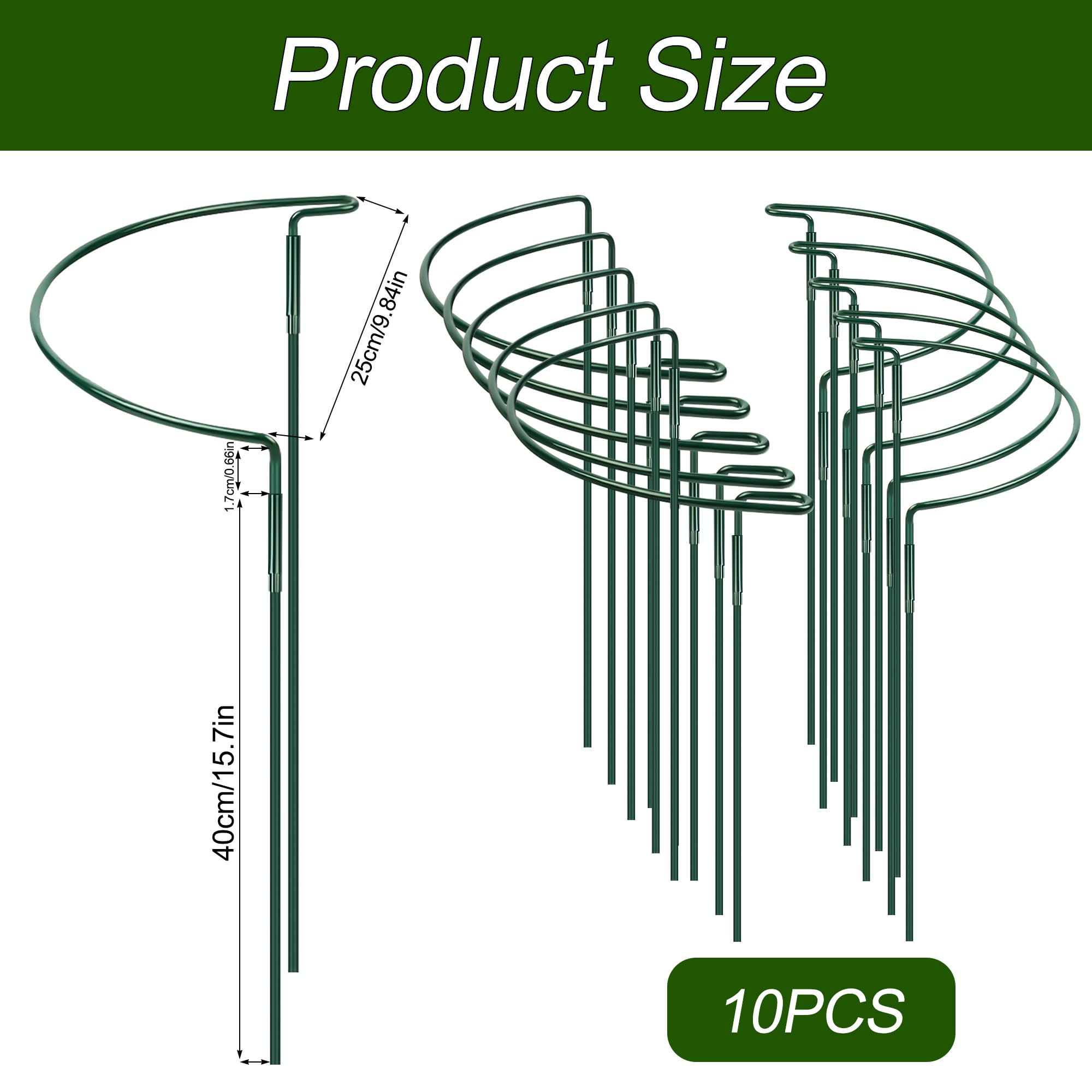 Lot de 10 supports de plantes semi-circulaires en métal - 40 x 25 cm - Support pour plantes en pot, fleurs, légumes
