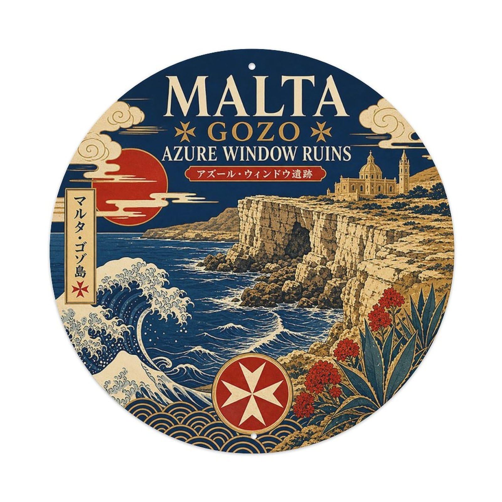 Malta Gozo Azure Window Ruins Woodblock Castle Heritage Metal Tin Sign