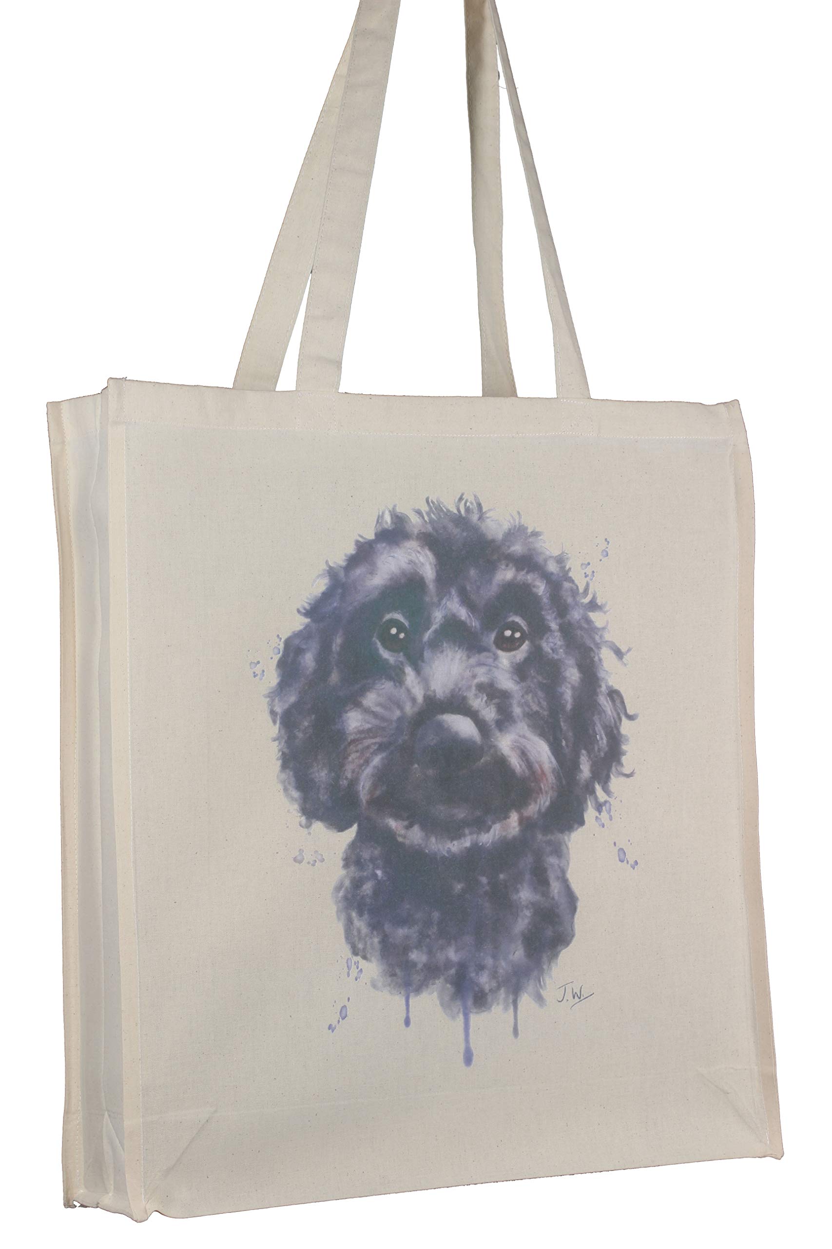 JUSTSWAGTailz Gifts Cockapoo Cockerpoo Black 'Splash' Reusable Cotton Shopping Bag Tote Gusset for Extra Space and Long Handles