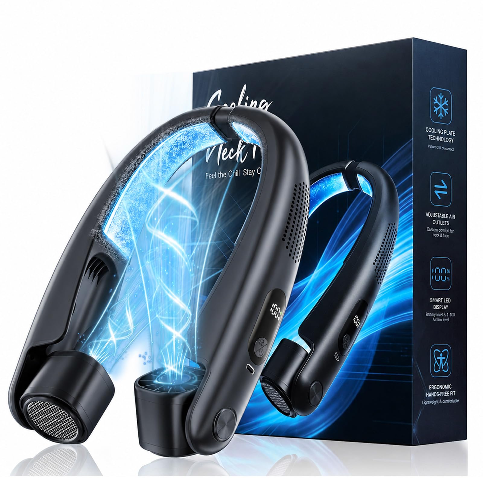 Ventilateur de Cou Climatiseur Mobile avec Plaques Rafraîchissantes, Affichage LED, Réglage de la Vitesse de 1 à 100, Sorties d'air Réglables, Batterie 6000mAh, pour Enfant & Adulte Bureau Voyage