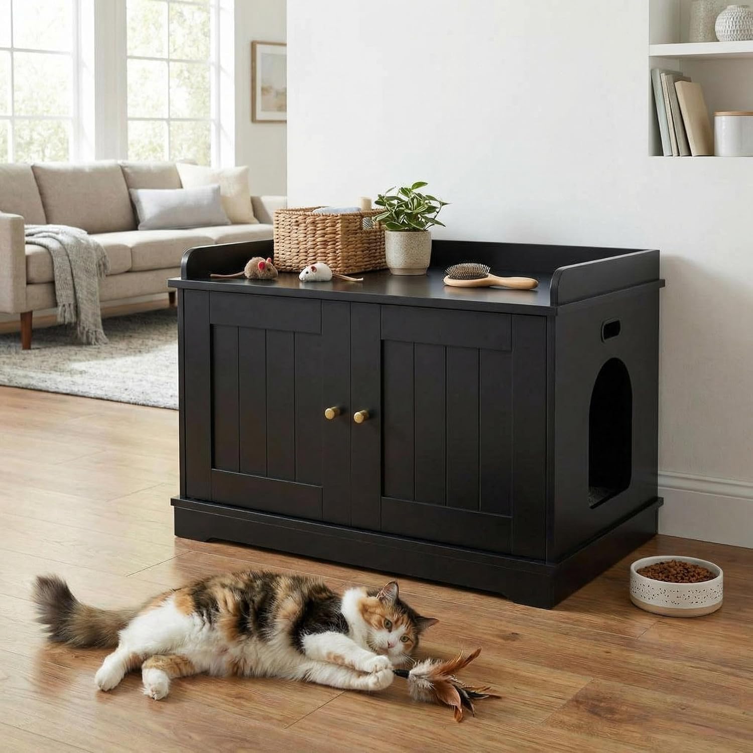 Garvee Mueble Arenero para Gatos Grande, Armario Oculto para Caja de Arena con Doble Puerta, Inodoro de Madera para Mascotas, Casa de Gato Robusta y Mesa Auxiliar Moderna para Salón, 80x50x51 cm