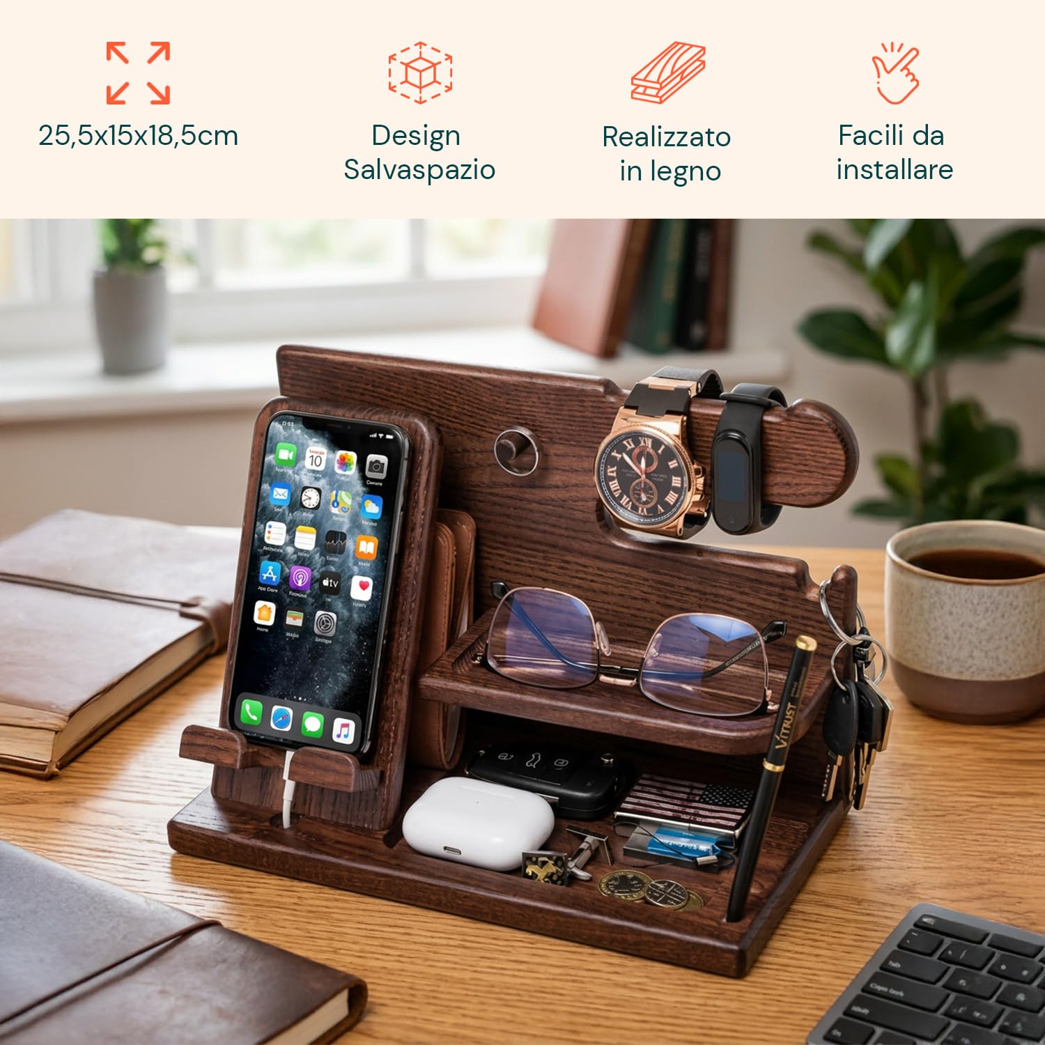 Avilia - Organizer in Legno con Supporto Smartphone e Porta Orologi – Stazione di Ricarica e Svuotatasche da Scrivania o Comodino – 25,5x15x18,5 cm – Design Naturale Elegante e Multiuso