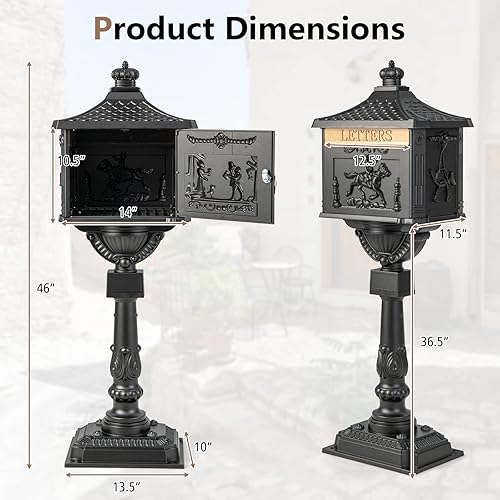 Miniatura 7 de Giantex Buzón de aluminio fundido con poste  Buzones residenciales con bloqueo para exteriores con llaves, puerta deflectora, pernos de expansión,