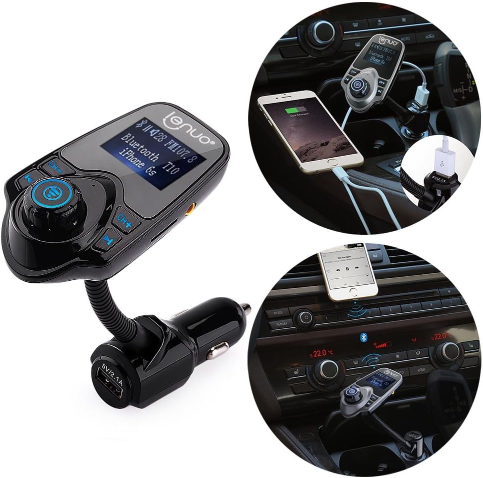 Lenuo FM Transmitter Car MP3 Player Bluetooth Handsfree Car Kit Wireless Radio Audio Adapter with USB Charger, 3.5mm Audio Port, TF Card Slot for iPhone, iPad, iPod, Samsung, HTC, MP3/MP4 with 3.5mm Audio Jack