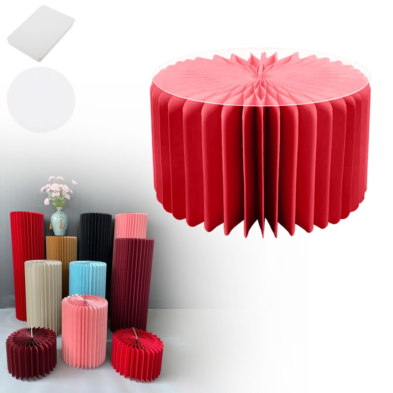 YTBHSHXZ plinth， Foldable Cardboard Cylinder Pedestal Stand With Transparent Plate Multicolor 20-100cm(Red,H 20cm)