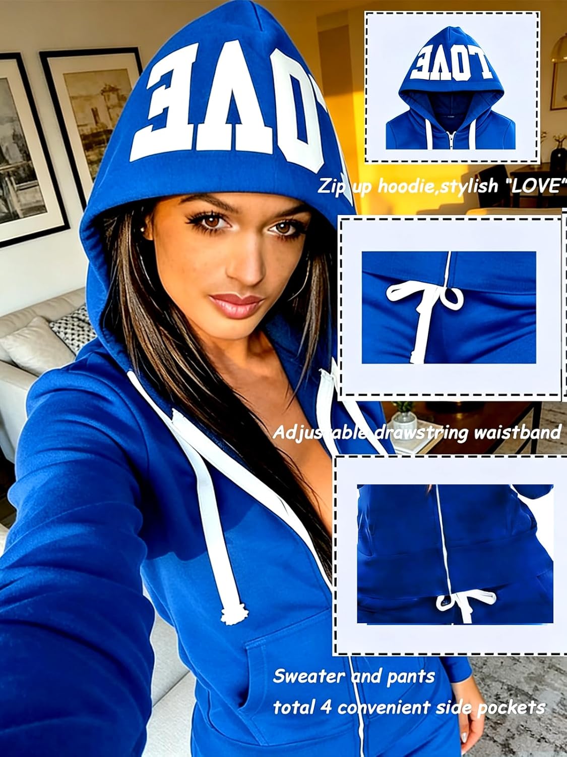 TUVEKE Womens Sweatsuits 2 Piece Outfit Long Sleeve Zip Up Jacket Sweatpants Women Jogging Suits Embroidery LOVE Hoodie Set