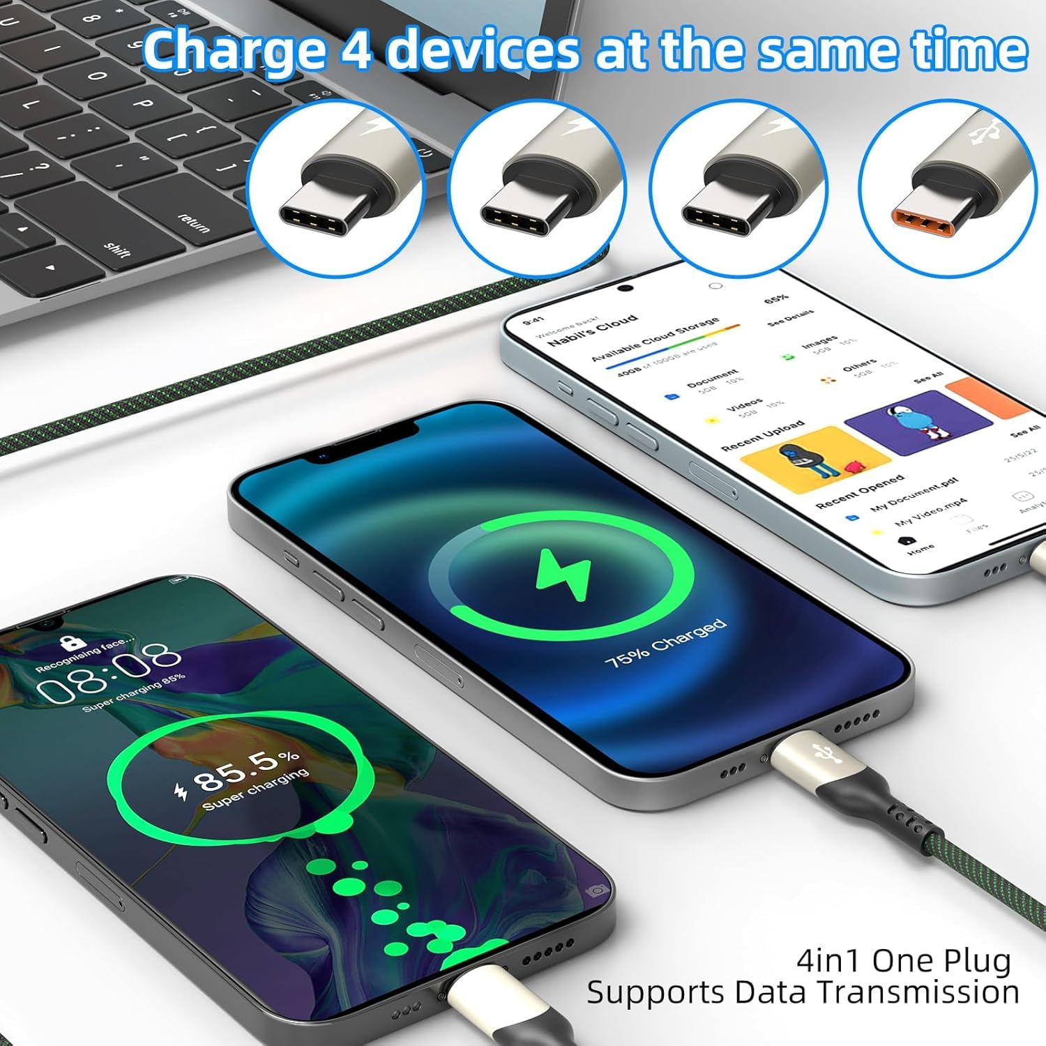 Confezione da 2 cavi di ricarica multipli da 1,2 m, cavo splitter USB C, 4 in 1, ricarica rapida QC3.0, in nylon intrecciato, con 4 cavi di tipo C, per iPhone 15 Pro Max/Android e tablet (cavo