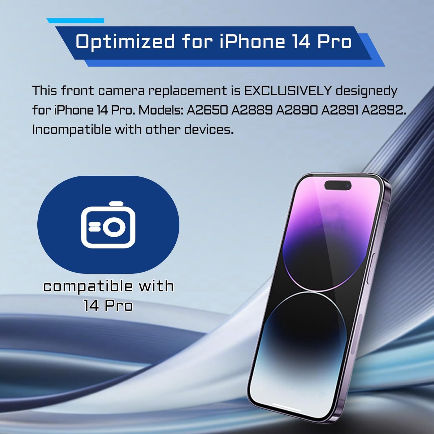 for iPhone 14 Pro Front Facing Camera Replacement Selfie Camera 14pro OEM 12MP Front Camera Flex Cable Module Light Receiver Repair with Fix Tools Kit A2650 A2889 A2890 A2891 A2892