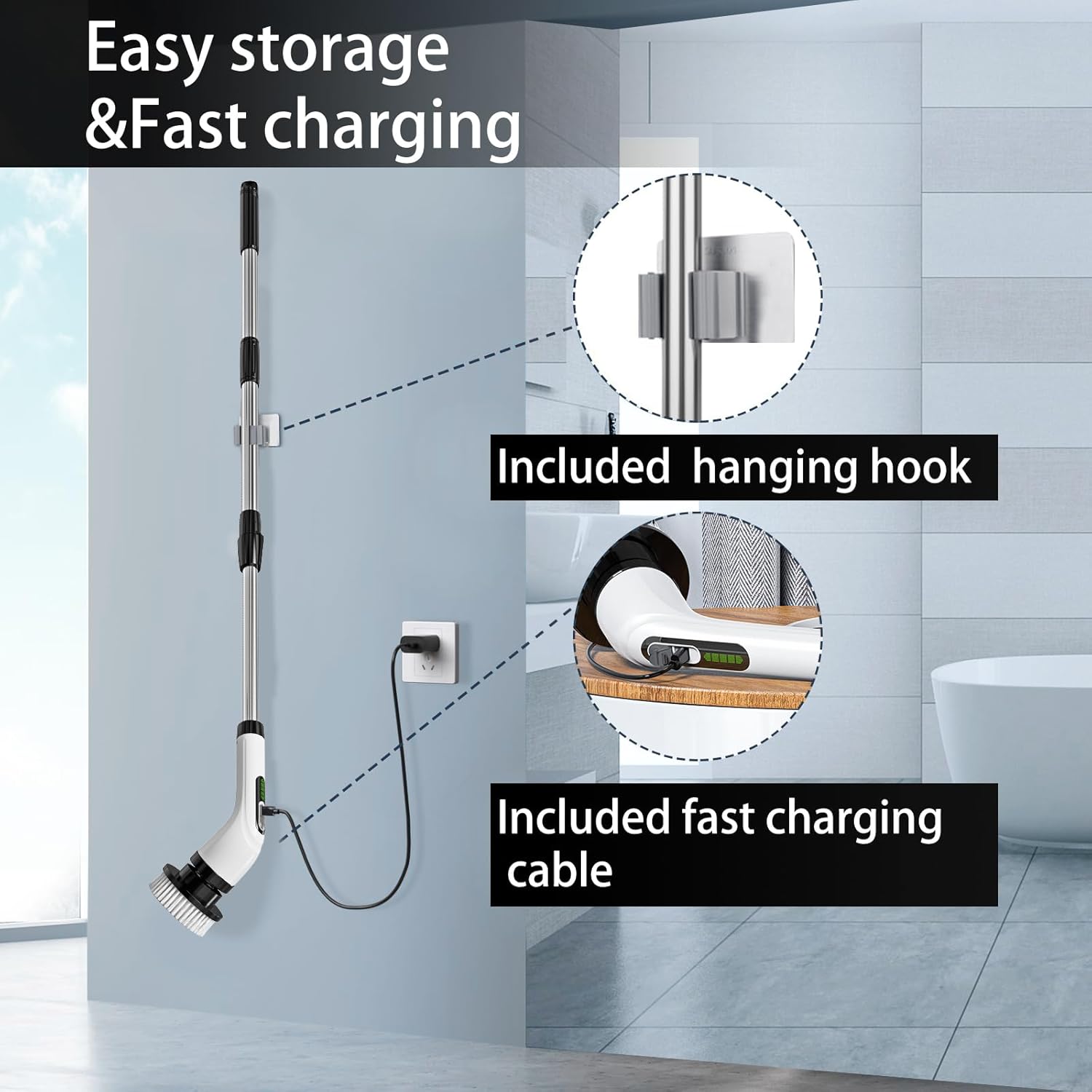 Cordless Electric Spin Scrubber - IPX7 Waterproof, LCD Display, 8 Brush Heads, Adjustable Extension Handle, for Shower, Bathtub, Tile, Grout, Kitchen, Bathroom Cleaning