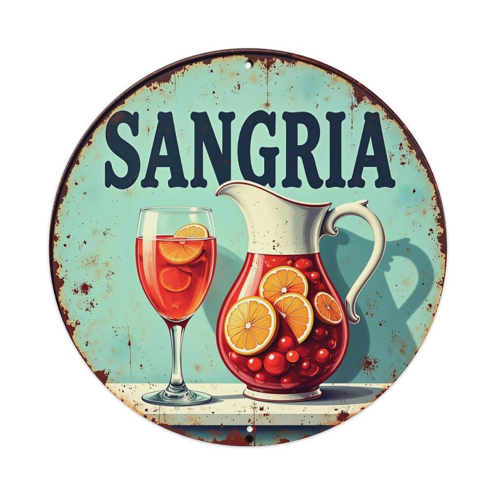 Sangria Pitcher Glass Fruits Orange Vintage Round Tin Sign Retro Metal Wall Decor Metal Poster, Home Bar Garage Cafe Wall Art Decoration 8x8Inches