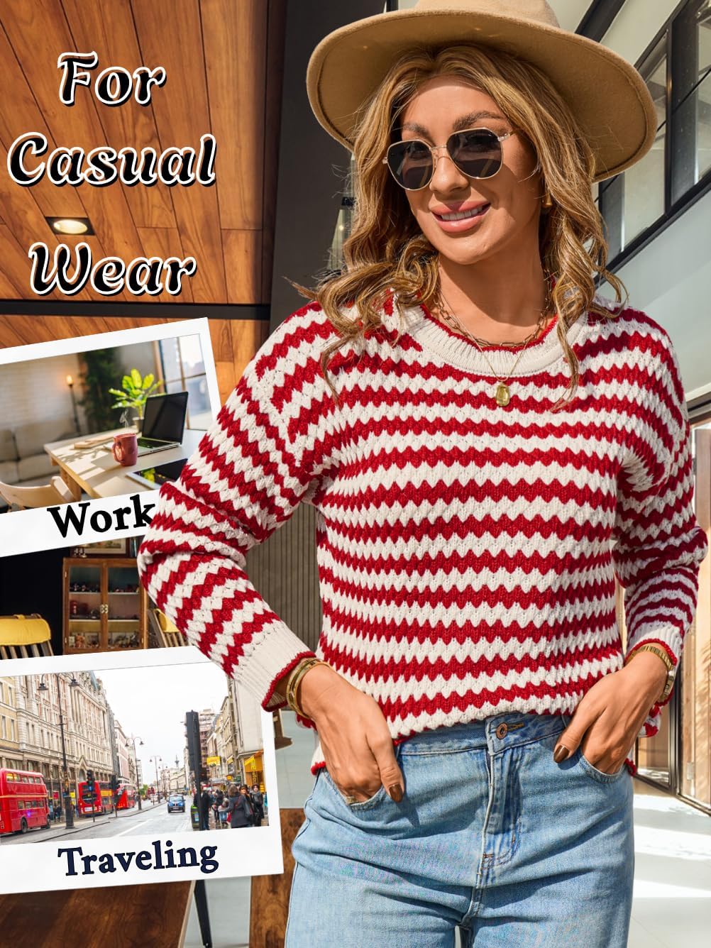 Womens Trendy Ribbed Knit Sweater, Crewneck Pullover Striped Color Block Long Sleeve Tops, Fall Winter Casual Outfits - Image 5