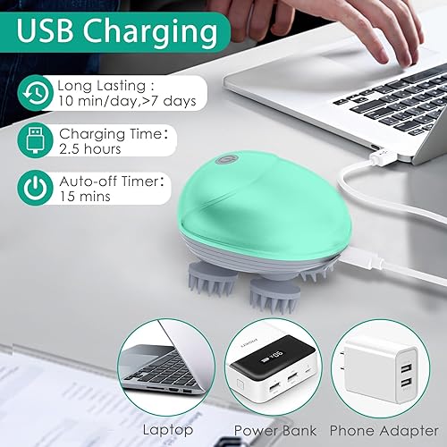 Vista 6 de ORIA Masajeador eléctrico de cabeza, masajeador inalámbrico para el cuero cabelludo, rascador de cabeza impermeable de mano con 3 modos, 4 cabezales