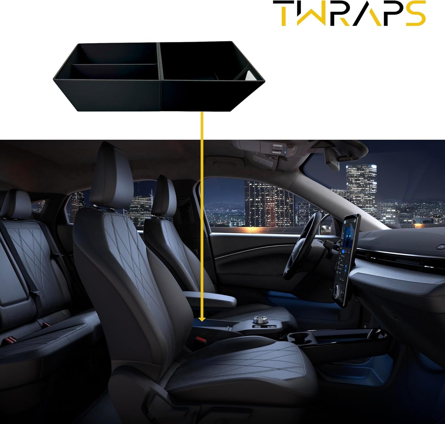 TWRAPS Center Console Organizer for Ford Mustang Mach-E 2021-2024, Upgraded Interior Armrest Insert for Storing Accessories, Premium ABS Tray with Faux Leather Liners, Fits All Trim Levels